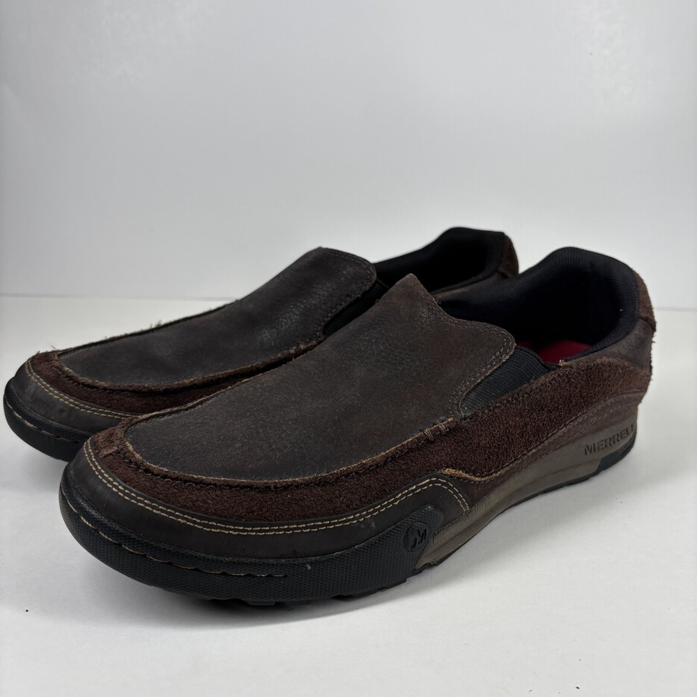 Merrell Mountain Moc Men's 9 Brown Leather Slip-On Comfort Casual Loafer J39473